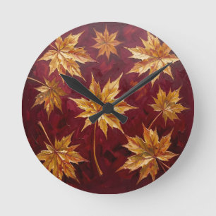 Horloge Ronde Feuilles de Érable Dorées Peinture d'Automne