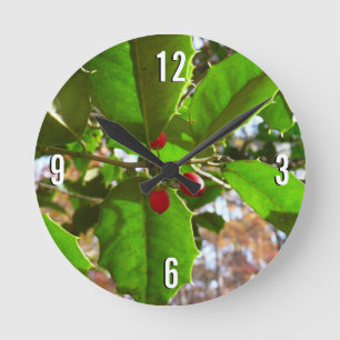 Horloge Ronde Feuilles de houx II Nature botanique de vacances