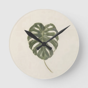 Horloge Ronde Feuilles de Monstera Variegées Minimalistes Plante