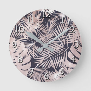 Horloge Ronde Feuilles de palmier tropical rose doré foncé