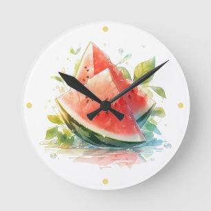 Horloge Ronde Feuilles d'été avec pastèque à l'aquarelle