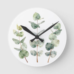 Horloge Ronde Feuilles d'eucalyptus botanique à l'aquarelle