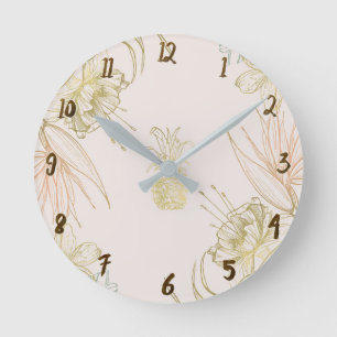 Horloge Ronde Feuilles Florales Botaniques Tropicales Ananas Or