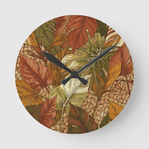 Horloge Ronde Feuilles tropicales de Monstera, vert rouille, bot
