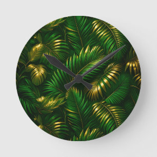 Horloge Ronde Feuilles Tropicales Dorées Jungle Luxe