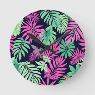 Horloge Ronde Feuilles Tropicales Vibrantes Motif Néon