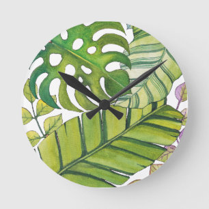 Horloge Ronde Feuilles Tropicaux En Aquarelle