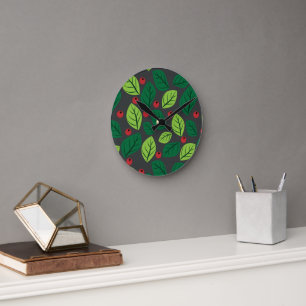 Horloge Ronde Feuilles verts, Berries Rouges, Motif Des Feuilles