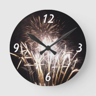 Horloge Ronde Feux d'artifice blancs et or I Célébration patriot