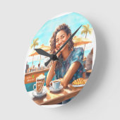 Horloge Ronde Fille avec pause café (Angle)