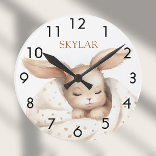 Horloge Ronde Fille bébé lapin beige blanc pépinière