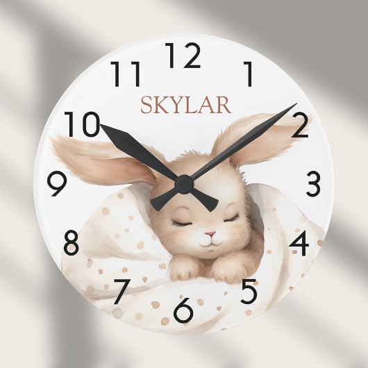 Horloge Ronde Fille bébé lapin beige blanc pépinière