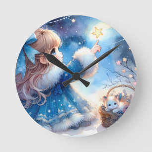 Horloge Ronde Fille rêveuse contemplant les étoiles à l'aquarell
