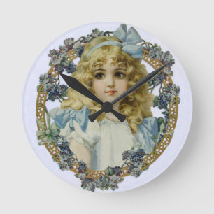 Horloge Ronde Fille Vintage avec de Belles Fleurs et un Nœud