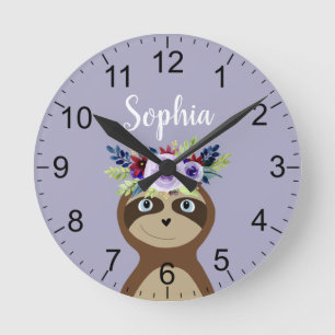 Horloge Ronde Filles mignonnes Fleur pourpre Sloth et nom Enfant
