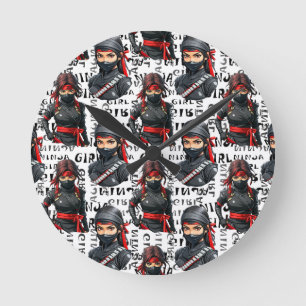 Horloge Ronde Filles Ninja Anime avec motif de texte Design