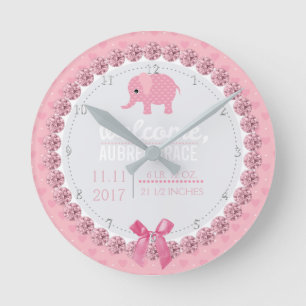Horloge Ronde Filles Nursery Eléphant rose Statistiques de nai