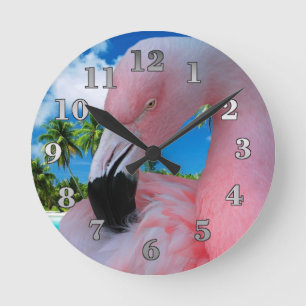 Horloge Ronde Flamant rose et plage