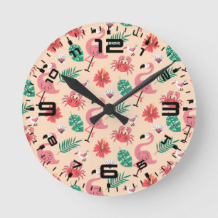 Horloge Ronde Flamant Rose Été Motif Tropical