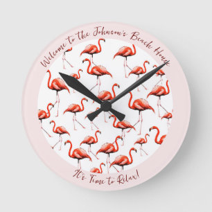 Horloge Ronde Flamant rose rose Design Maison de plage Bienvenue