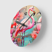 Horloge Ronde Flamant rose rose tropical avec fleurs-87361 (Angle)