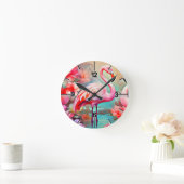 Horloge Ronde Flamant rose rose tropical avec fleurs-87361 (Maison)