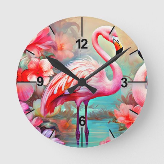 Horloge Ronde Flamant rose rose tropical avec fleurs-87361 (Recto)