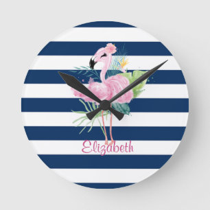 Horloge Ronde Flamants roses mignonsFeuille tropicale, rayée