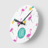 Horloge Ronde Flamants roses néon | Monogramme (Angle)