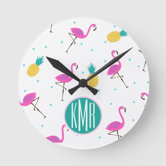 Horloge Ronde Flamants roses néon | Monogramme (Recto)
