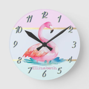 Horloge Ronde Flamants roses pastel moderne rayé