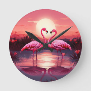 Horloge Ronde Flamants roses roses au coucher du soleil