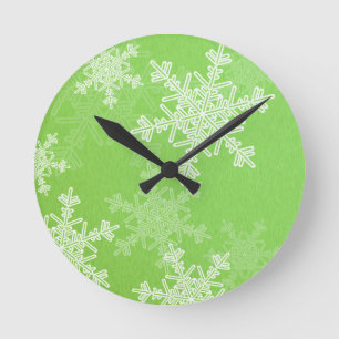 Horloge Ronde Flammes de neige blanches vertes Noël minimal