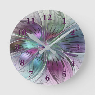 Horloge Ronde Fleur Abstraite Colorée Art Fractal Floral Moderne