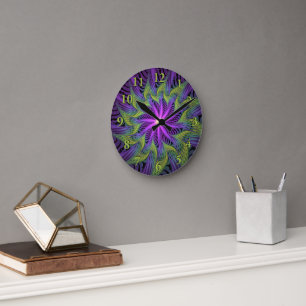 Horloge Ronde Fleur Abstraite Moderne de Fractale Violette Verte