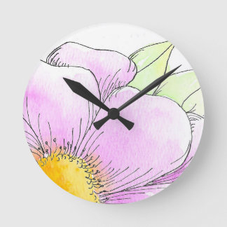 Horloge Ronde Fleur aquarelle rose fantaisiste