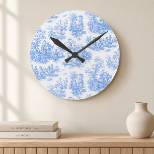 Horloge Ronde Fleur bleue turquoise toile jouy vintage