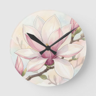 Horloge Ronde Fleur d'aquarelle de magnolia rose délicat
