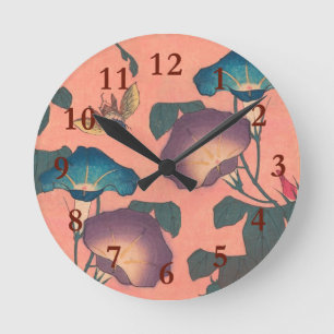 Horloge Ronde Fleur de abeille rose Art Classique Hokusai