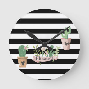 Horloge Ronde Fleur de cactus rayures noir et blanc
