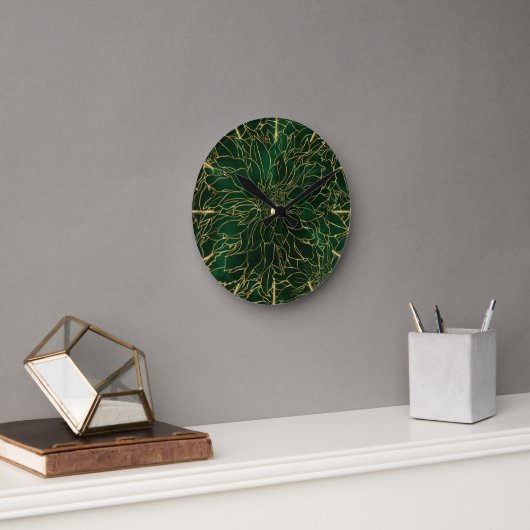 Horloge Ronde Fleur de dahlia or et vert (Bureau)