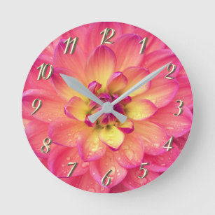 Horloge Ronde Fleur de dahlia rose corail