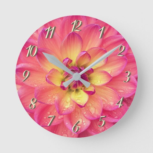Horloge Ronde Fleur de dahlia rose corail (Recto)