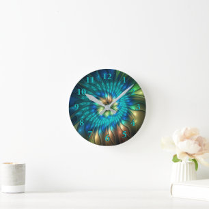 Horloge Ronde Fleur de fantaisie lumineuse, fractale abstraite c