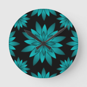 Horloge Ronde Fleur de feuille de teal élégante sur fond noir