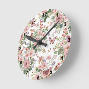 Horloge Ronde Fleur de fleur sauvage colorée de luxe papillon bl