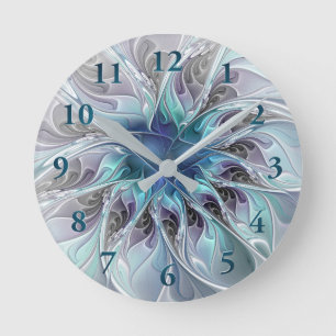 Horloge Ronde Fleur de fractale moderne abstraite avec du bleu