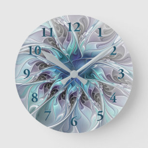 Horloge Ronde Fleur de fractale moderne abstraite avec du bleu
