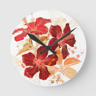 Horloge Ronde Fleur de ketmie - peinture 2 d'aquarelle