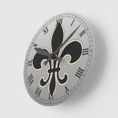 Horloge Ronde Fleur de Lis Black avec le blanc et l'or (Angle)